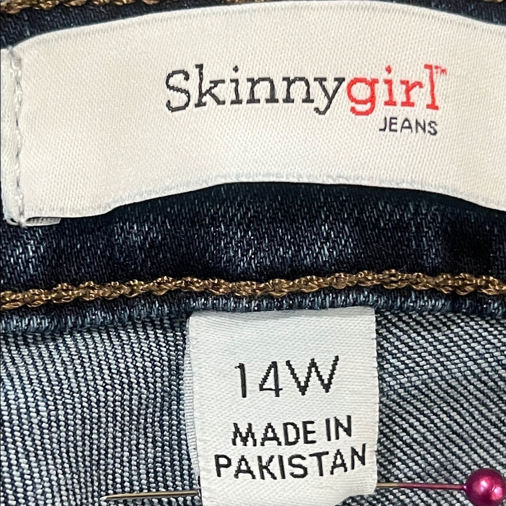 Skinnygirl Dark Blue Denim Jeans with Gold Stitching, LEOPARD PRINT TRIM SZ 14W - Picture 8 of 10